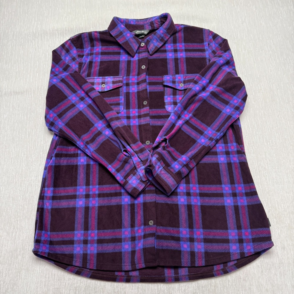Eddie Bauer Button Up Plaid Microfleece Shirt Jacket Womens XL Purple Hike Warm
